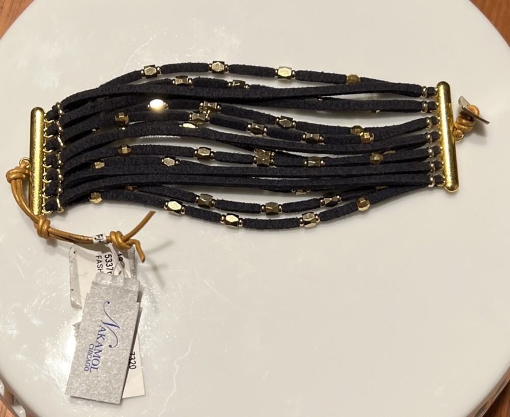 NEW Nakamol Wrap Bracelet Navy Blue Gold Beaded Leather Cord Boho Hippie Western